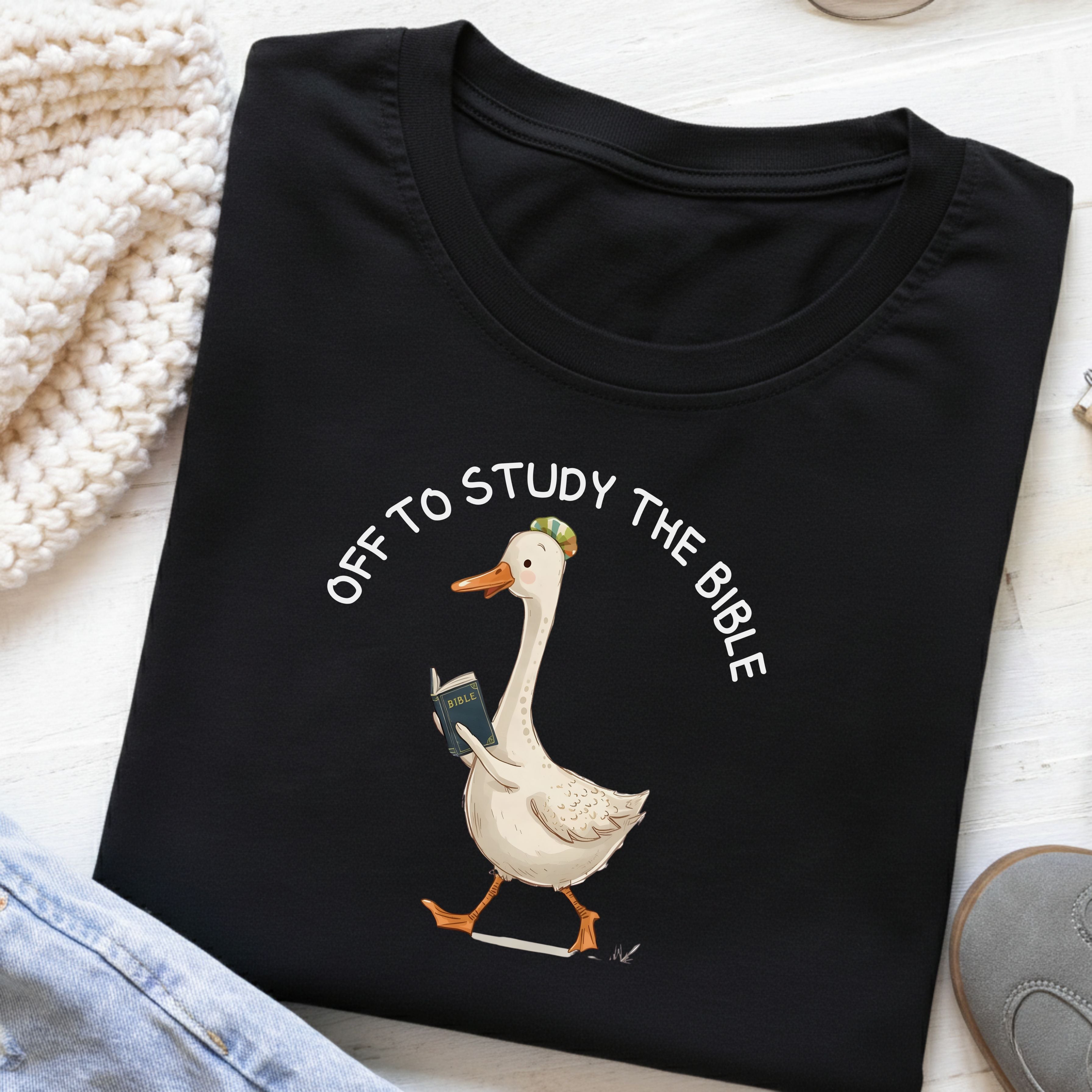 Kids T-Shirt - "Off to Study the Bible" Cute Goose Christian Tee for Sunday School & Church