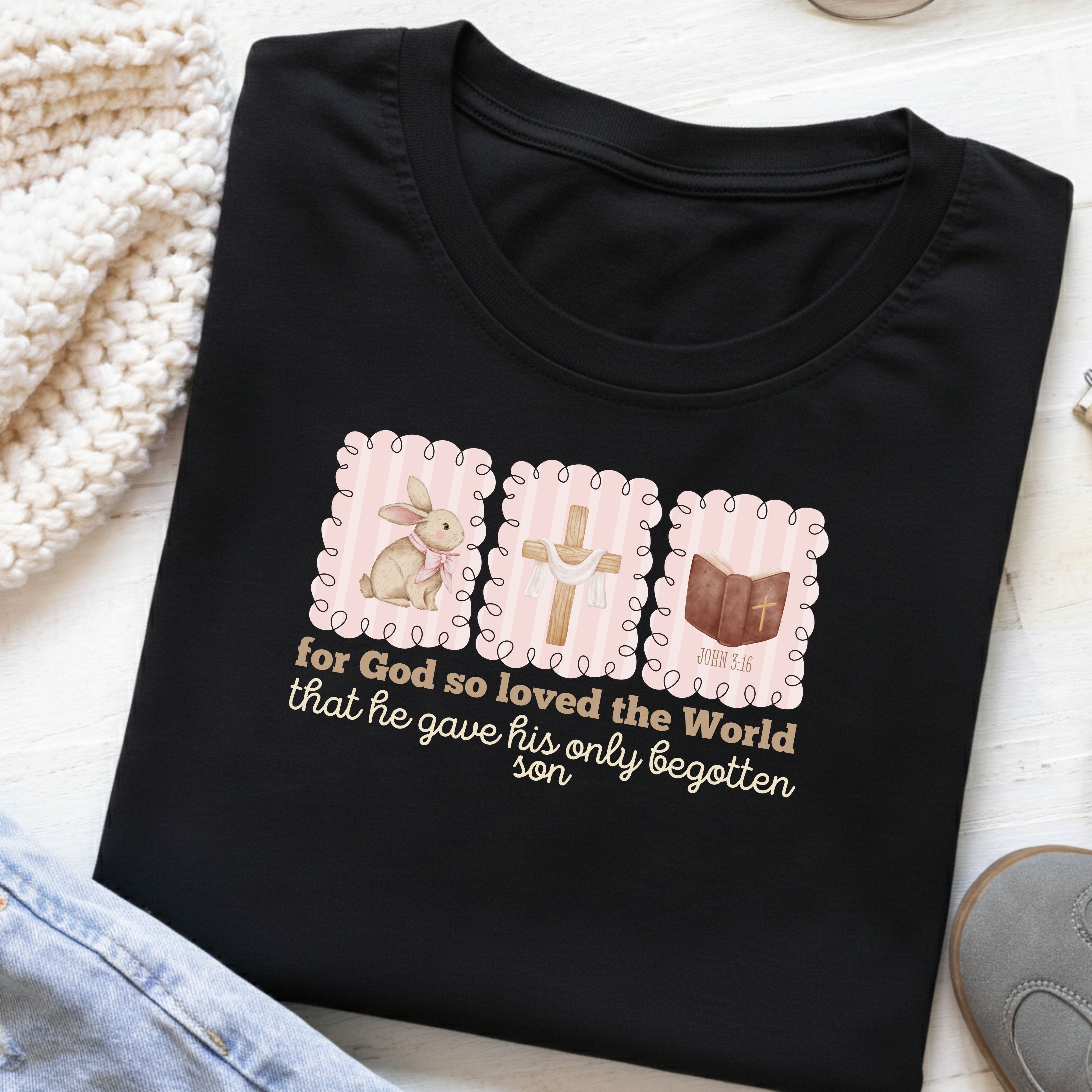Kids Tee — 'For God So Loved the World' Cute Animal Cross Design