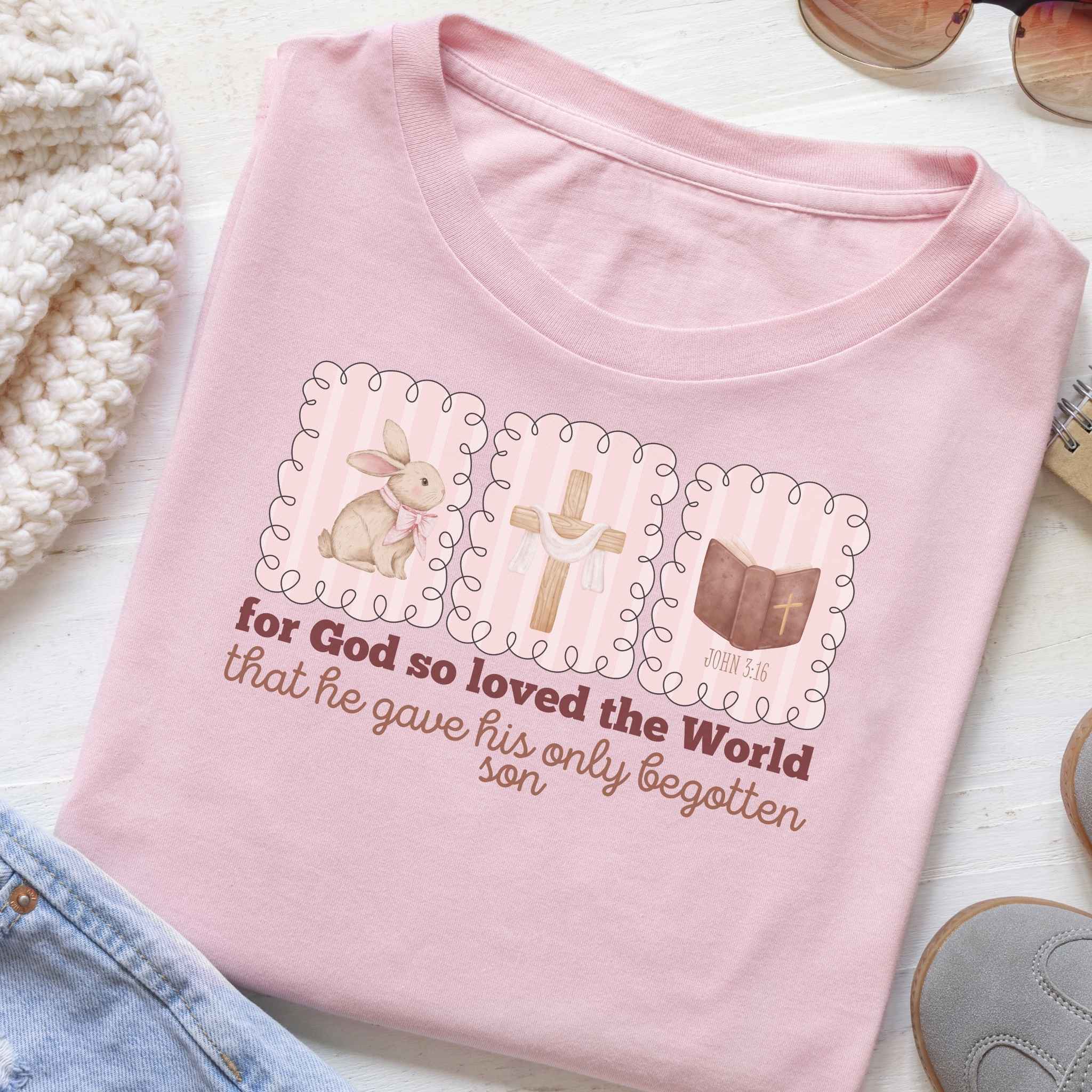 Kids Tee — 'For God So Loved the World' Cute Animal Cross Design