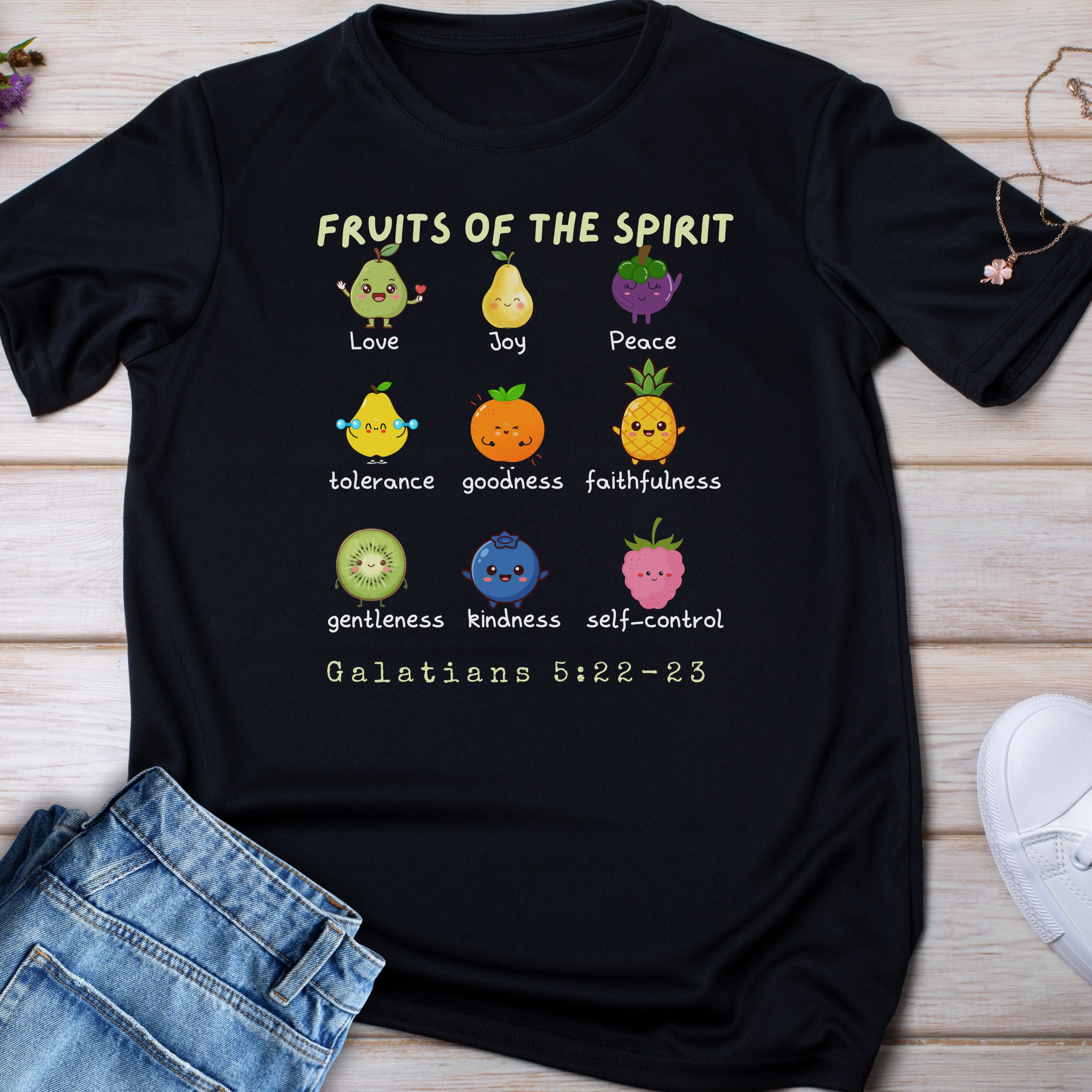 Fruits of the Spirit Kids T‑Shirt — Colorful Christian Bible Verse Tee (Galatians 5:22-23)