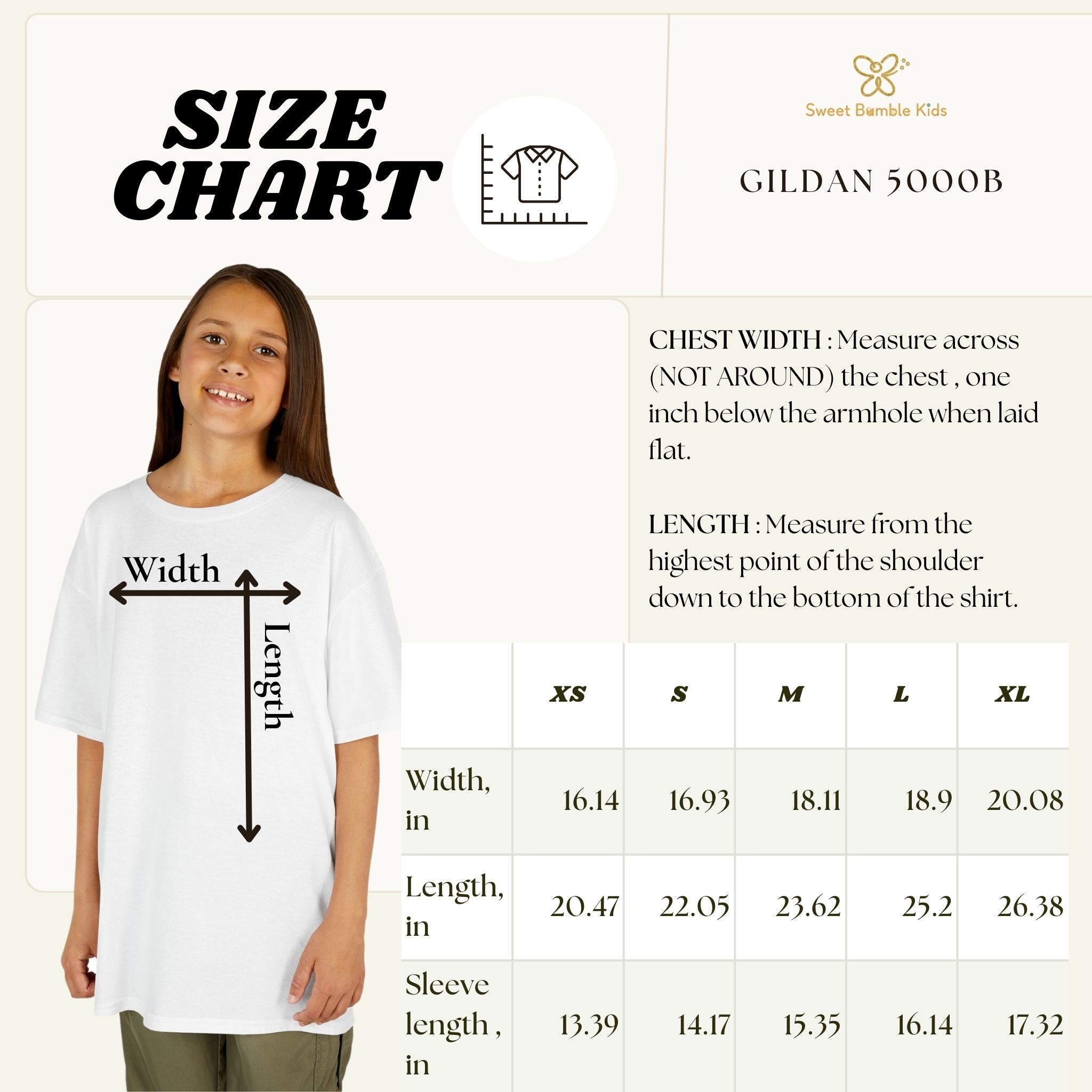 Size chart for GILDAN 5000B shirts with a child model wearing a white shirt.