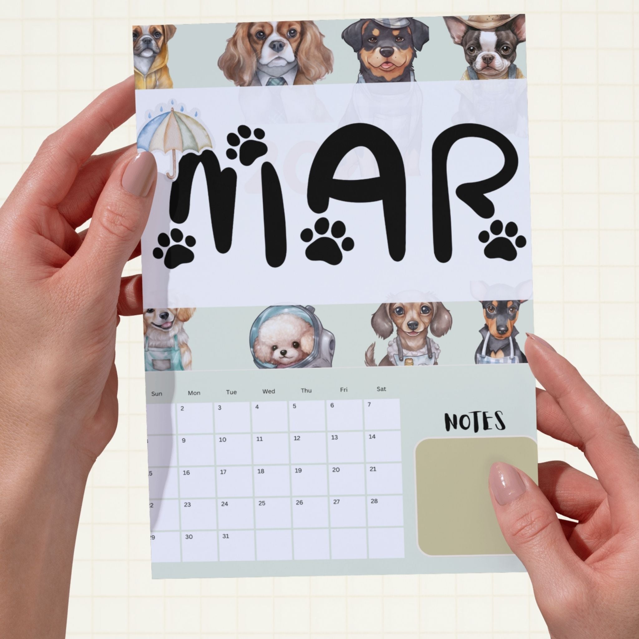 2026 Dog Watercolor Printable Calendar