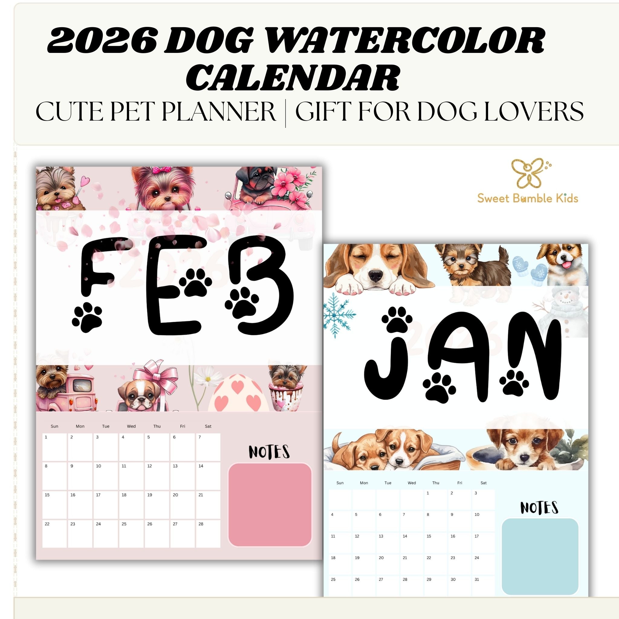 2026 Dog Watercolor Printable Calendar