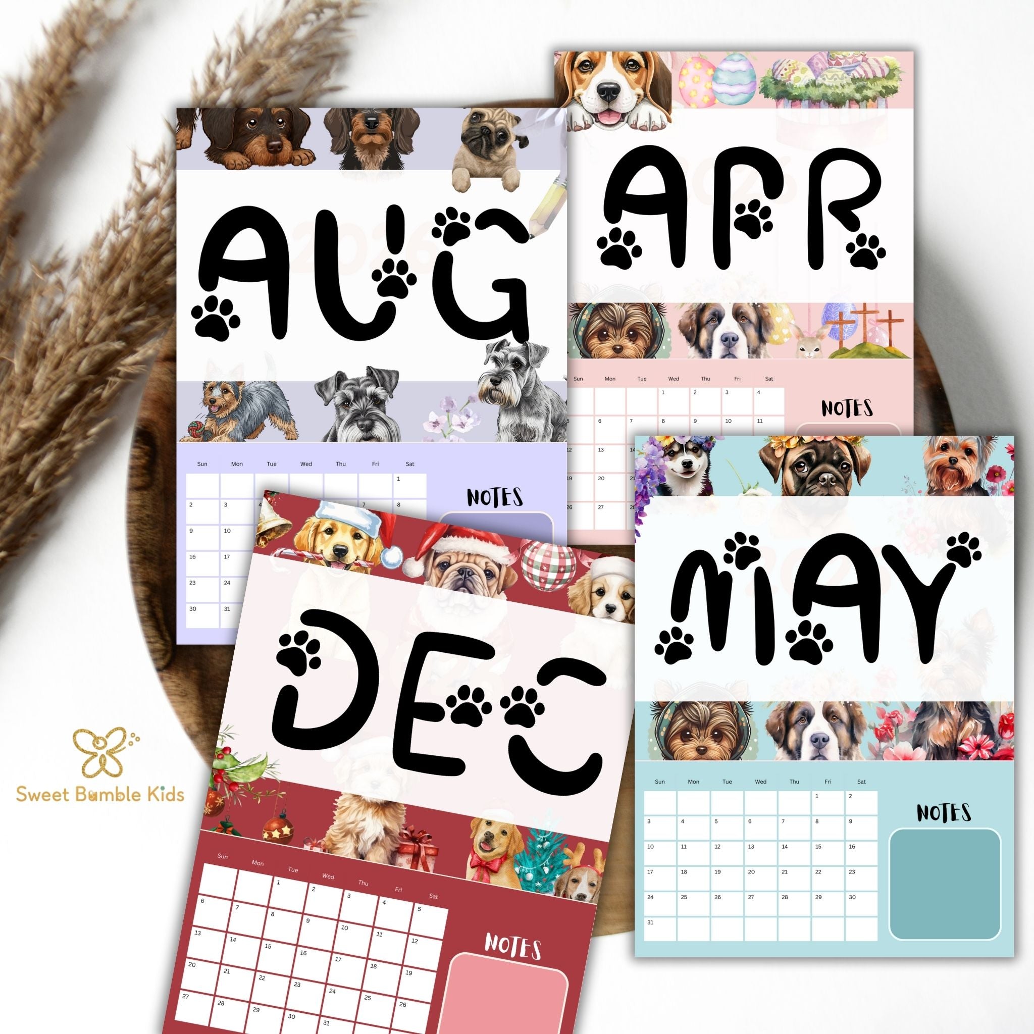 2026 Dog Watercolor Printable Calendar