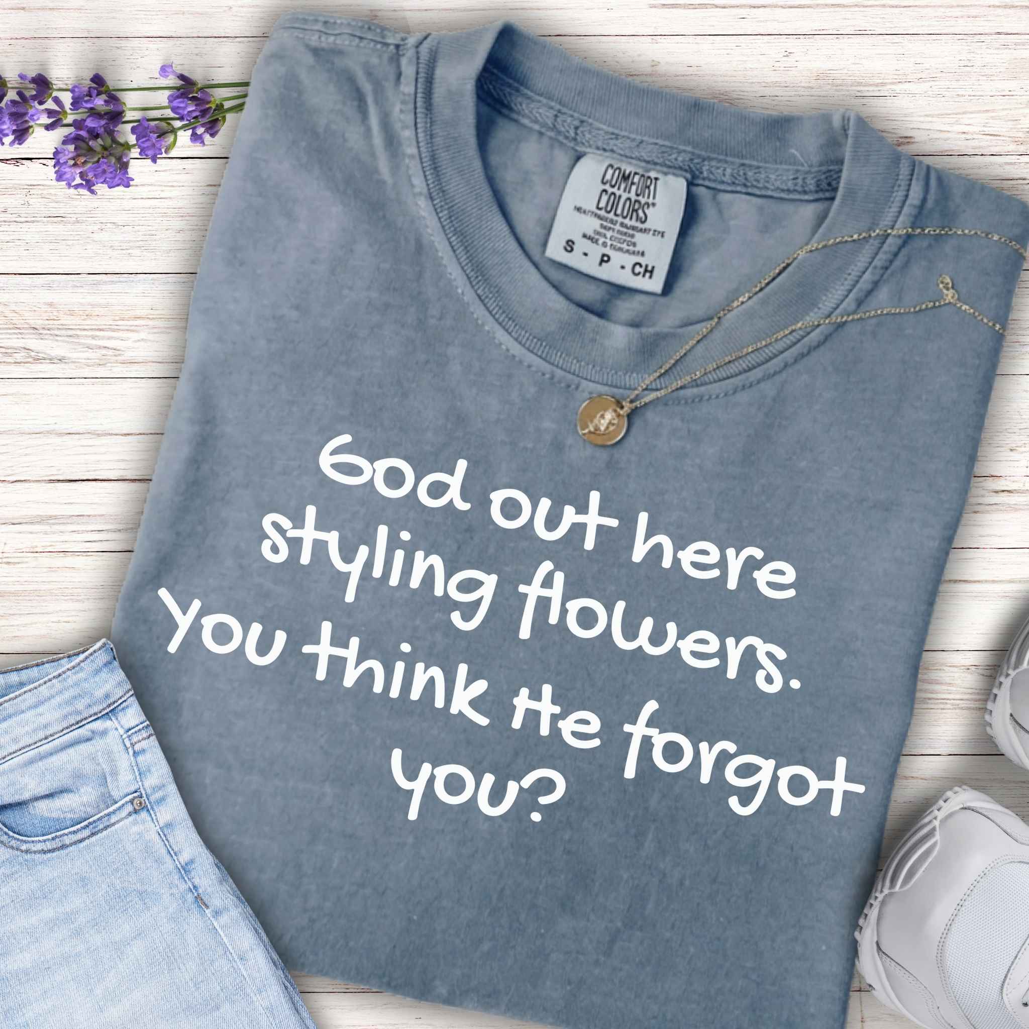 Youth Tee — "God Out Here Styling Flowers, You Think He Forgot You?" Inspirational Graphic T‑Shirt