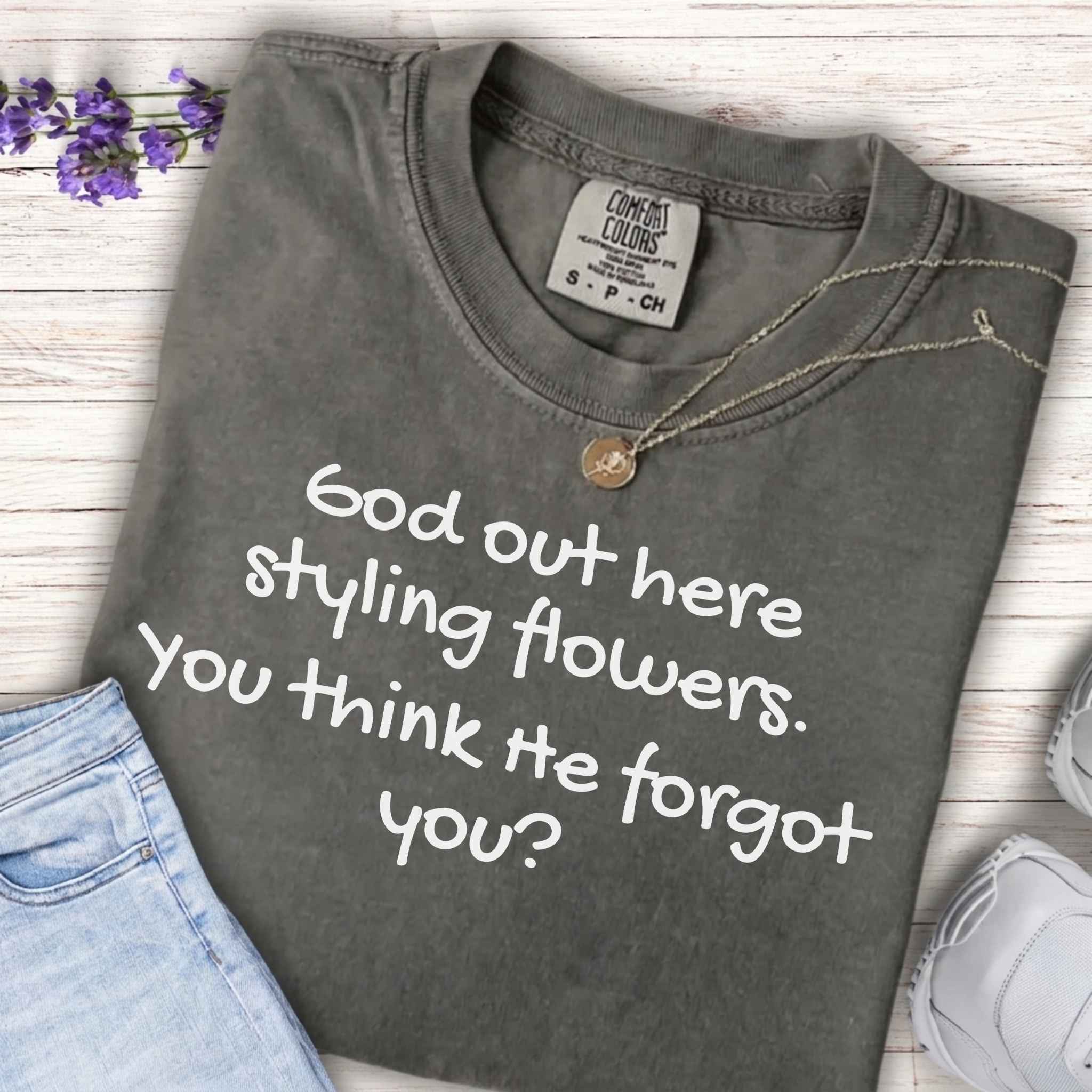 Youth Tee — "God Out Here Styling Flowers, You Think He Forgot You?" Inspirational Graphic T‑Shirt