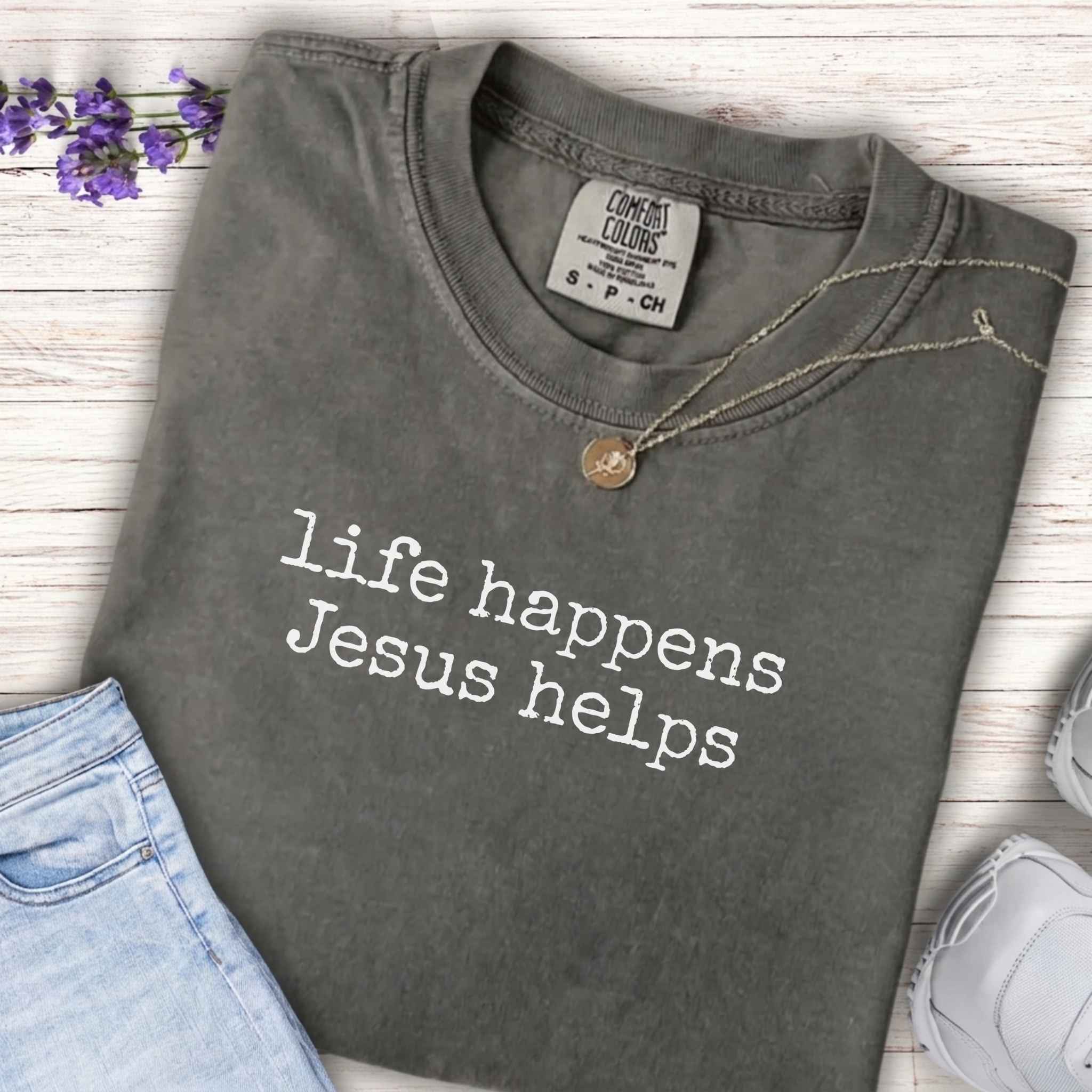 Youth Tee - "Life Happens Jesus Helps" Christian Kids T-shirt
