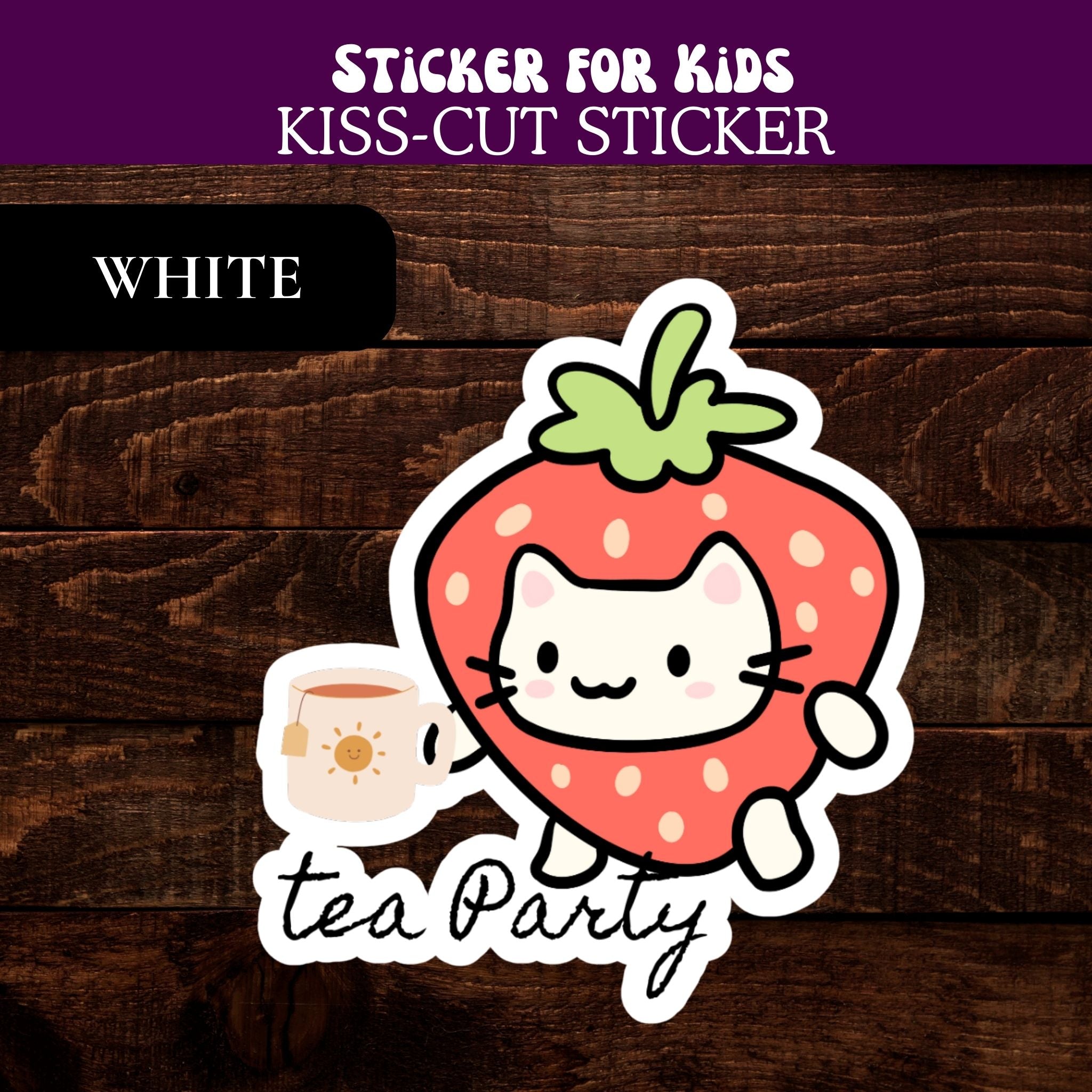 Sticker for kids with a strawberry cat holding a tea cup on a wooden background